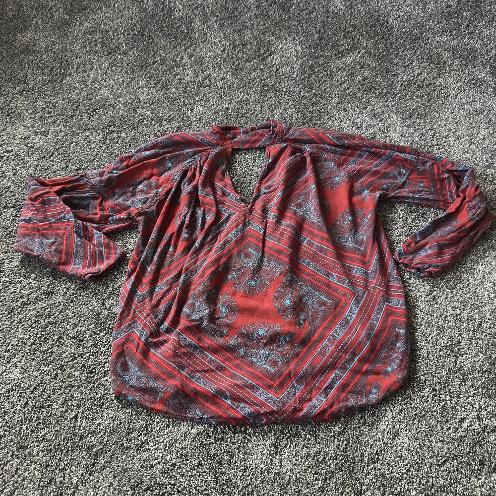 Free People Blouse Womens XS Red Blue Paisley Boho Keyhole Long Sleeve Top